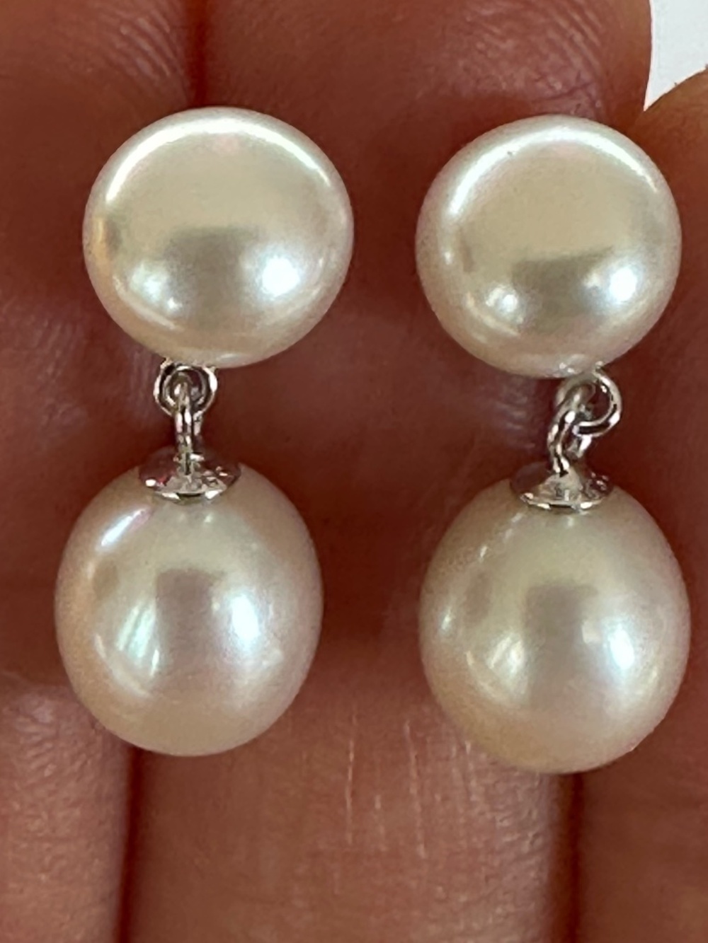 7.5mm & 7.9mm White Cultured Pearls Double Drop Earrings - 925 Sterling Silver
